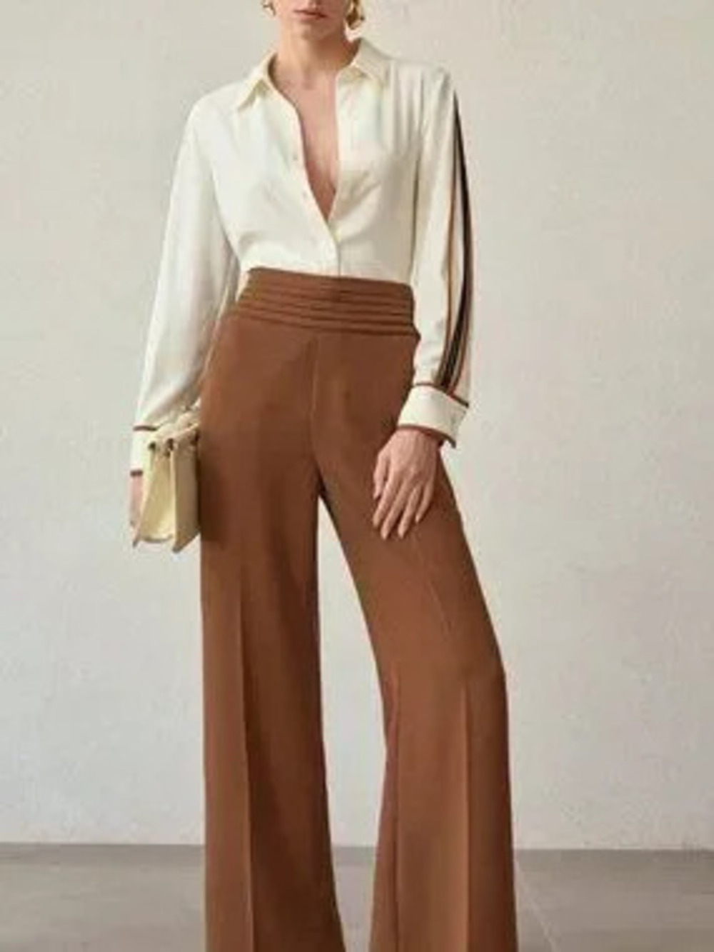 ZARA Beige Casual Women's Contrast Piping Long Sleeve Shirt